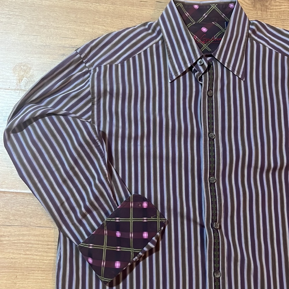 Robert Graham Brown Purple Striped Large‎ Cotton L/S Classic Fit Button Up Shirt